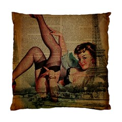 Vintage Newspaper Print Sexy Hot Pin Up Girl Paris Eiffel Tower Cushion Case (two Sided)  by chicelegantboutique