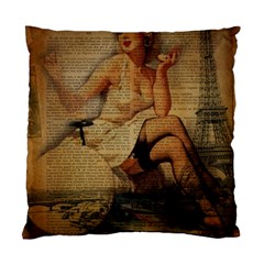 Vintage Newspaper Print Sexy Hot Gil Elvgren Pin Up Girl Paris Eiffel Tower Cushion Case (single Sided)  by chicelegantboutique