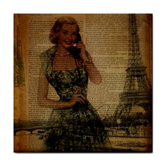 Retro Telephone Lady Vintage Newspaper Print Pin Up Girl Paris Eiffel Tower Ceramic Tile by chicelegantboutique