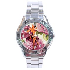 Cute Purple Dress Pin Up Girl Pink Rose Floral Art Stainless Steel Watch (men s) by chicelegantboutique