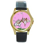 Unicorn And Fairy In A Grass Field And Sparkles Round Leather Watch (Gold Rim)  Front