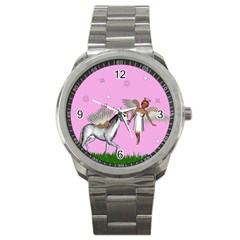 Unicorn And Fairy In A Grass Field And Sparkles Sport Metal Watch by goldenjackal