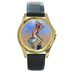 Sexy Mermaid On Beach Round Leather Watch (gold Rim)  by goldenjackal