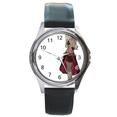 Steampunk Style Girl Wearing Red Dress Round Leather Watch (silver Rim) by goldenjackal