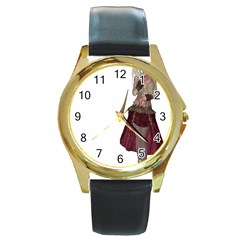 Steampunk Style Girl Wearing Red Dress Round Leather Watch (gold Rim)  by goldenjackal