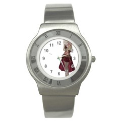 Steampunk Style Girl Wearing Red Dress Stainless Steel Watch (slim) by goldenjackal