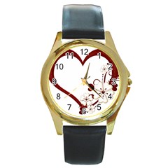 Red Love Heart With Flowers Romantic Valentine Birthday Round Leather Watch (gold Rim)  by goldenjackal