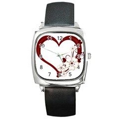 Red Love Heart With Flowers Romantic Valentine Birthday Square Leather Watch by goldenjackal