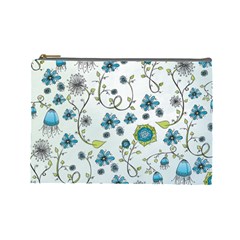 Blue Whimsical Flowers  On Blue Cosmetic Bag (large) by Zandiepants