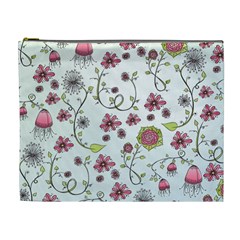 Pink Whimsical Flowers On Blue Cosmetic Bag (xl) by Zandiepants