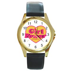 Girl Power Heart Shaped Typographic Design Quote Round Leather Watch (gold Rim)  by dflcprints