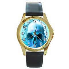 Skull In Water Round Leather Watch (gold Rim)  by icarusismartdesigns