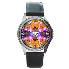 Abstract Flower Round Leather Watch (silver Rim) by icarusismartdesigns