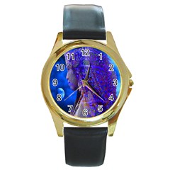 Moon Shadow Round Leather Watch (gold Rim)  by icarusismartdesigns