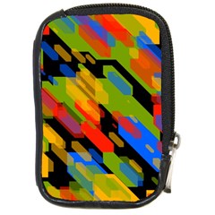 Colorful Shapes On A Black Background Compact Camera Leather Case by LalyLauraFLM