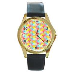 Triangle Pattern Round Leather Watch (gold Rim)  by Kathrinlegg