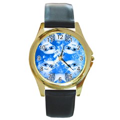 Skydivers Round Leather Watch (gold Rim)  by icarusismartdesigns