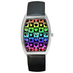 Rainbow Stars And Hearts Tonneau Leather Watch by ArtistRoseanneJones