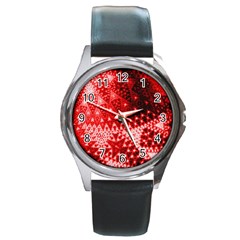 Red Fractal Lace Round Leather Watch (silver Rim) by KirstenStar