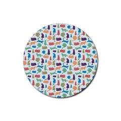 Blue Colorful Cats Silhouettes Pattern Rubber Round Coaster (4 Pack)  by Contest580383