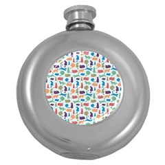 Blue Colorful Cats Silhouettes Pattern Round Hip Flask (5 Oz) by Contest580383