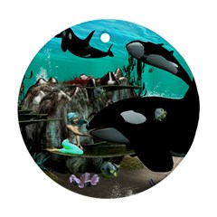 Cute Mermaid Playing With Orca Ornament (round)  by FantasyWorld7