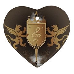 Music, Clef On A Shield With Liions And Water Splash Heart Ornament (2 Sides) by FantasyWorld7