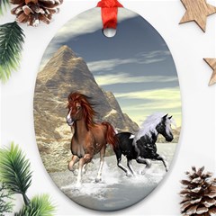 Beautiful Horses Running In A River Ornament (oval)  by FantasyWorld7