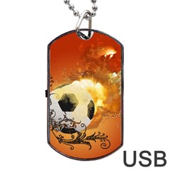 Soccer With Fire And Flame And Floral Elelements Dog Tag Usb Flash (one Side) by FantasyWorld7