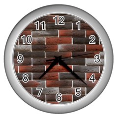 Red And Black Brick Wall Wall Clocks (silver)  by trendistuff