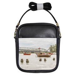 Boats At Santa Lucia River In Montevideo Uruguay Girls Sling Bags by dflcprints