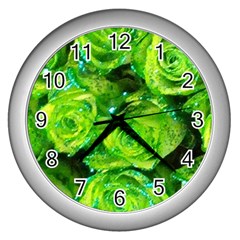 Festive Green Glitter Roses Valentine Love  Wall Clocks (silver)  by yoursparklingshop