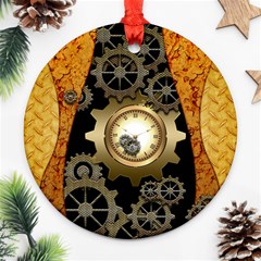 Steampunk Golden Design With Clocks And Gears Ornament (round)  by FantasyWorld7