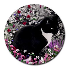 Freckles In Flowers Ii, Black White Tux Cat Round Mousepads by DianeClancy