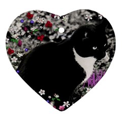 Freckles In Flowers Ii, Black White Tux Cat Ornament (heart)  by DianeClancy