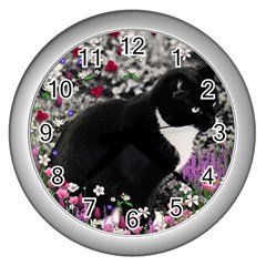 Freckles In Flowers Ii, Black White Tux Cat Wall Clocks (silver)  by DianeClancy