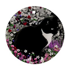 Freckles In Flowers Ii, Black White Tux Cat Round Ornament (two Sides)  by DianeClancy