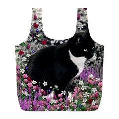 Freckles In Flowers Ii, Black White Tux Cat Full Print Recycle Bags (l)  by DianeClancy