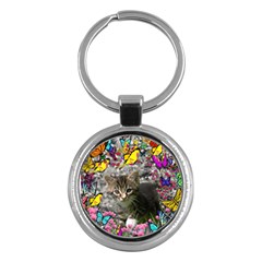 Emma In Butterflies I, Gray Tabby Kitten Key Chains (round)  by DianeClancy