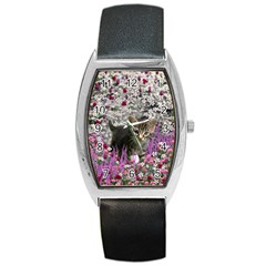 Emma In Flowers I, Little Gray Tabby Kitty Cat Barrel Style Metal Watch by DianeClancy