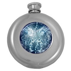 Music, Decorative Clef With Floral Elements In Blue Colors Round Hip Flask (5 Oz) by FantasyWorld7