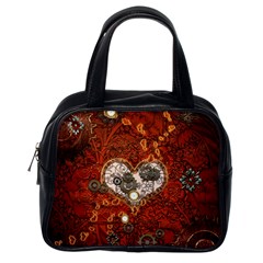 Steampunk, Wonderful Heart With Clocks And Gears On Red Background Classic Handbags (one Side) by FantasyWorld7