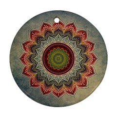 Folk Art Lotus Mandala Dirty Blue Red Ornament (round)  by EDDArt