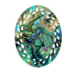 Fractal Batik Art Teal Turquoise Salmon Oval Filigree Ornament (2-side)  by EDDArt