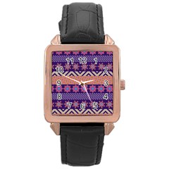 Colorful Winter Pattern Rose Gold Leather Watch  by DanaeStudio