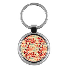 Modern Hipster Triangle Pattern Red Blue Beige Key Chains (round)  by EDDArt