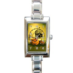 Halloween, Funny Pumpkins And Skull With Spider Rectangle Italian Charm Watch by FantasyWorld7