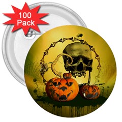 Halloween, Funny Pumpkins And Skull With Spider 3  Buttons (100 Pack)  by FantasyWorld7