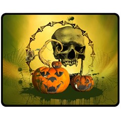 Halloween, Funny Pumpkins And Skull With Spider Fleece Blanket (medium)  by FantasyWorld7