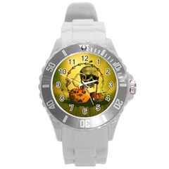 Halloween, Funny Pumpkins And Skull With Spider Round Plastic Sport Watch (l) by FantasyWorld7